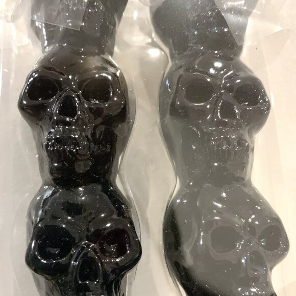 Halloween Decor 10" Black Skull Taper Candle Stick Set Skeleton CandlestIcks NEW - Picture 4 of 4